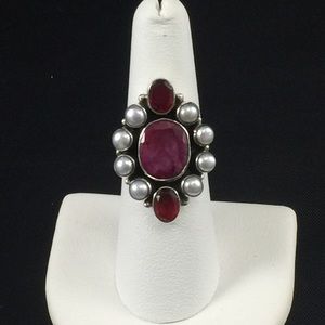 Ruby, pearl, and red quartz ring, sterling silver
